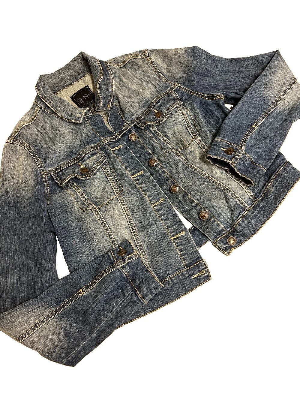 Jessica Simpson Pixie Cropped Denim Jacket Womens L Medium Wash Distressed Y2K